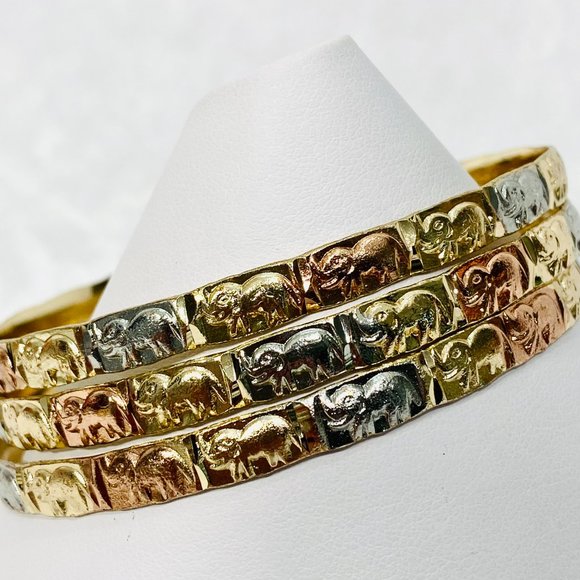Three Large Bangle Bracelets w/Elephants Mixed Metal Colors - Picture 3 of 6